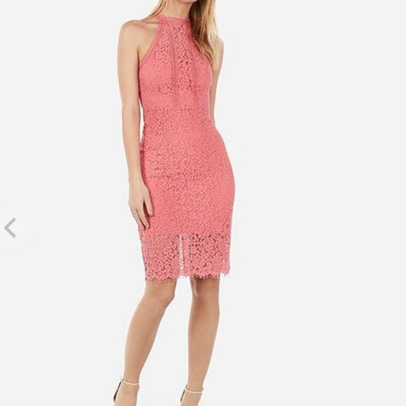 Express High Neck Lace Sheath Dress, Coral, size S - Picture 1 of 6